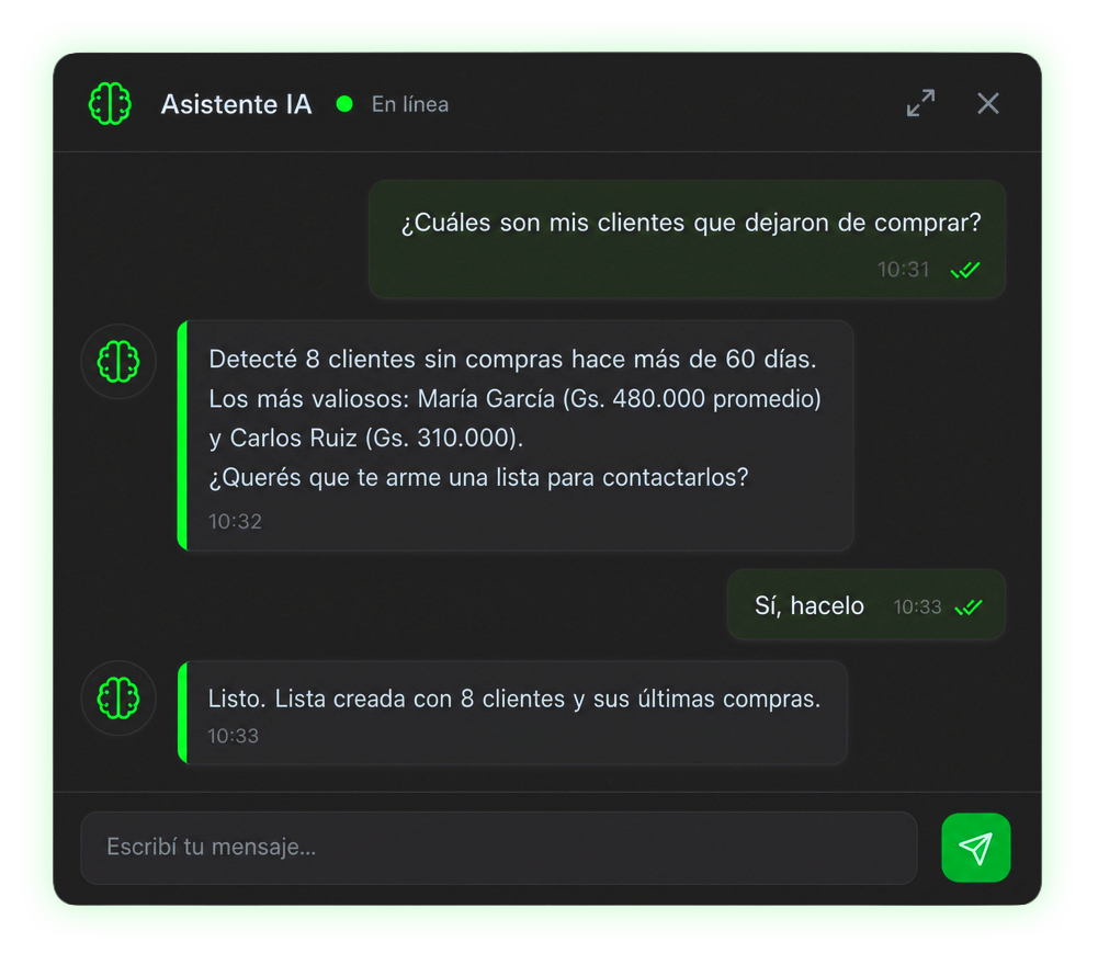Asistente IA de Gestio respondiendo preguntas del negocio